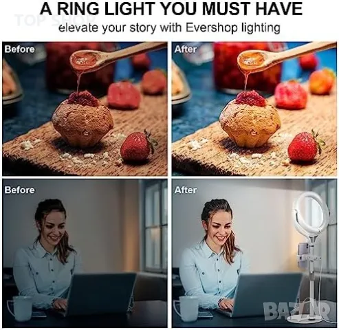 Нов LED Светлинен пръстен за бюро със стойка и държач за телефон/USB, снимка 6 - Чанти, стативи, аксесоари - 49509738