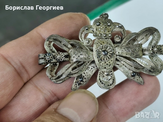 Възрожденска сребърна брошка филигран 0.800, снимка 3 - Колиета, медальони, синджири - 52494584