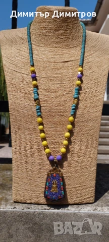 Дълъг гердан Буда. С тюркоаз и вулканичен камък. Бижута Луди гъби.