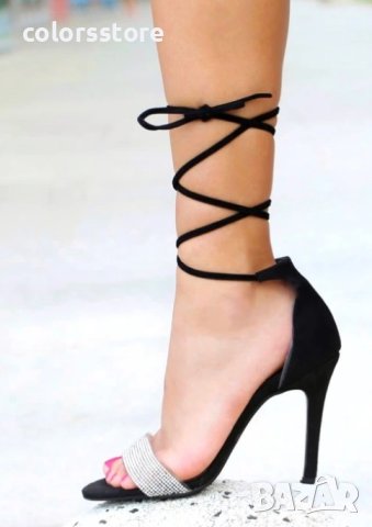 Сандали на ток - черен велур с черен ток - 1086