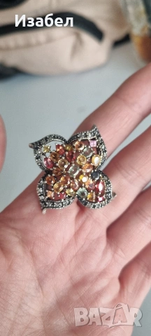 Пръстен с цветни сапфири и диаманти, снимка 3 - Пръстени - 53596488