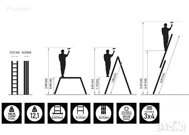Алуминиева мултифункционална стълба DRABEST DU PRO 150 KG, 4х3, 150 кг, с платформа/03080080, снимка 5 - Други инструменти - 38714161