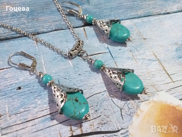 Разкошен комплект бижута Викториански стил с голям Тюркоаз и орнаменти в цвят Сребро , снимка 5 - Бижутерийни комплекти - 34557241