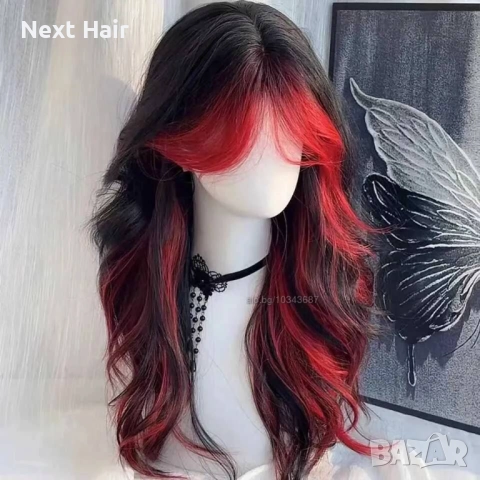 Ефектна омбре черна перука с червени кичури и краища, снимка 2 - Аксесоари за коса - 52897647