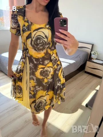 Елегантна жълто/сива рокля на цветя, Л размер, снимка 1