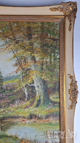 Стара картина на пейзаж с овце край малко езеро, снимка 3 - Картини - 52672648