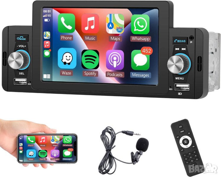 Мултимедия, плеър, за кола, единичен дин, USB, блутут тъч дисплей, Автомобил, Car Play, Android Auto, снимка 1