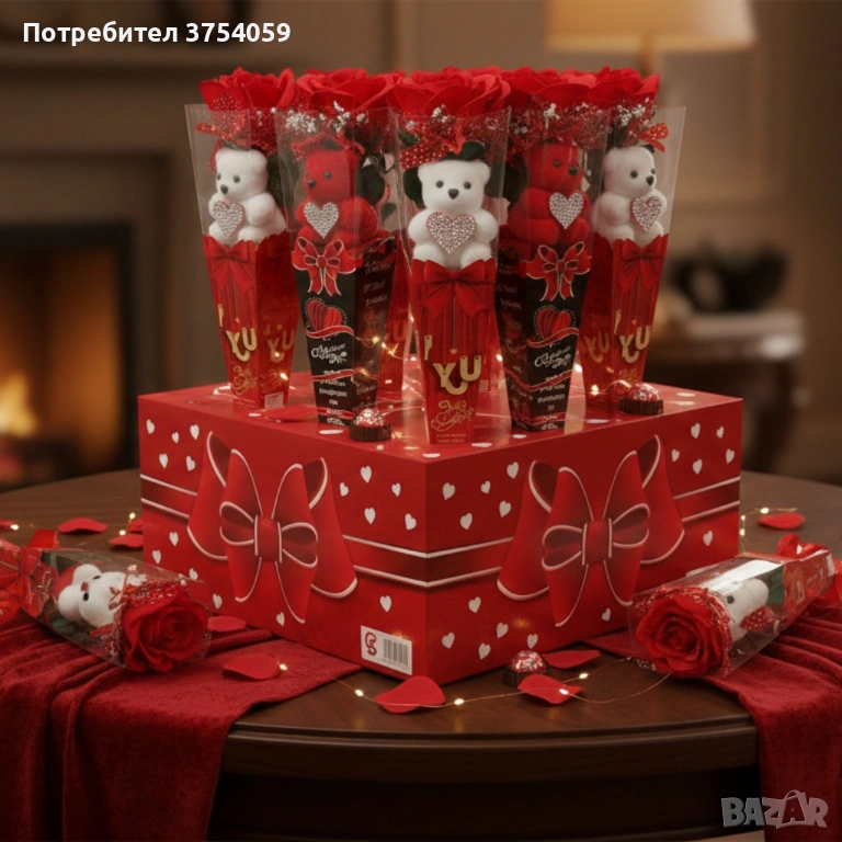 Романтичен букет с мече и червени рози, снимка 1