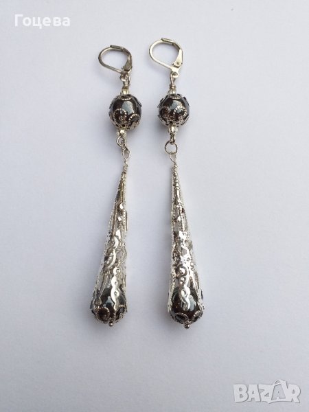 Разкошни обици с камъни Хематит и богати орнаменти в цвят сребро, снимка 1