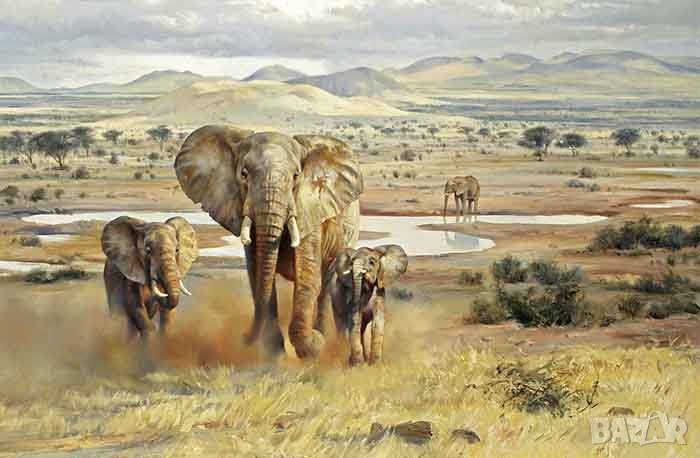 Африкански пейзаж със слонове, картина , снимка 1