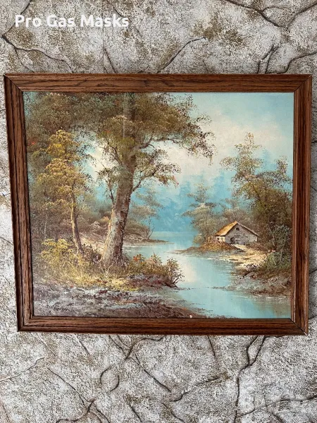 Голяма Картина 65/55 Маслени Бои Внос Германия с дървена рамка Пейзаж Река Гора МаслО, снимка 1