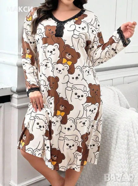 Макси еластична прекрасна дълга нощница с дантелени кантове във весел десен с мечета, снимка 1