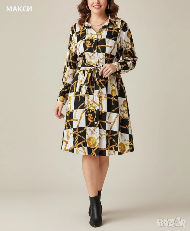 Макси стилна ефирна рокля/дълга туника - тип риза със свалящо се коланче в модерен десен, снимка 1