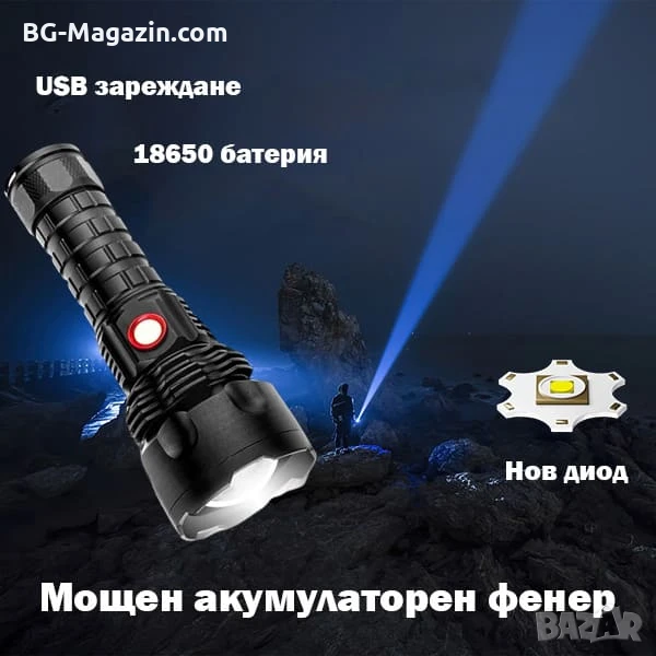 Мощен ръчен фенер LED прожектор тактически за лов риболов къмпинг туризъм палатка работа аварии, снимка 1