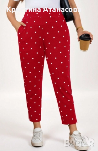 Дамски ежедневен панталон - голям размер - на точки с джобове и странични цепки, снимка 2 - Панталони - 51447158