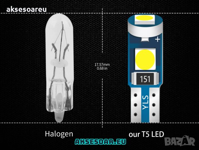 Супер ярка T5 Led крушка 3SMD 3030 светлина Лампа за арматурното табло на кола индикатор за осветява, снимка 10 - Аксесоари и консумативи - 41453366