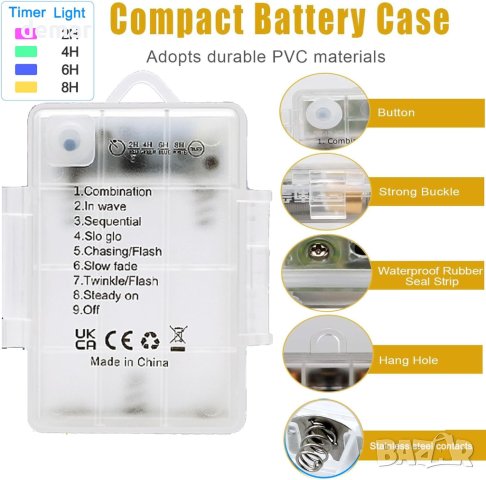 Водоустойчиви приказни светлини на батерии 5 метра 50 светодиода 8 режима (топло бяло) , снимка 6 - Други - 44199945