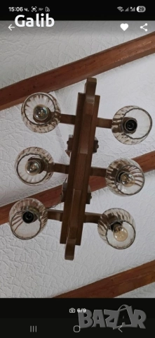 Красива масивна дървена лампа, абажур 6 светлини, немско производство, снимка 3 - Лампи за таван - 52674903