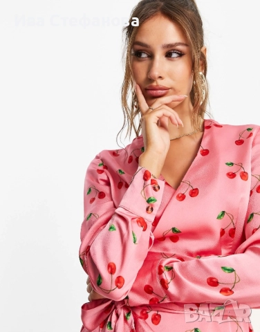 Розова елегантна дълга рокля тип халат прегърни ме принт черешки череши универсален размер , снимка 5 - Рокли - 43057226