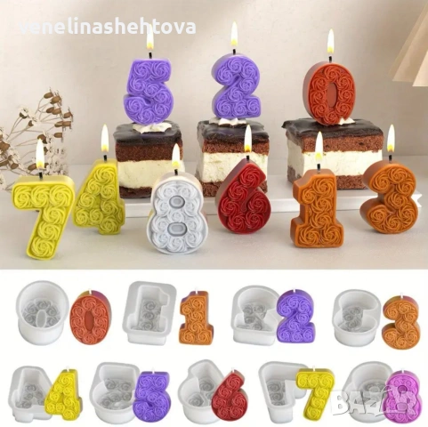 Комплект 9 цифри числа с рози дълбок силиконов молд форма за свещи гисп смола 