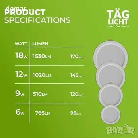 LED вграден панел за таван Ø145 мм, pack 6, 12W, IP54, CCT, снимка 7 - Лампи за таван - 55871347
