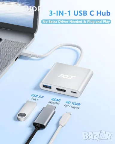 Acer USB C хъб, 3 в 1 с 5Gbps USB 3.0 GEN1 порт, 4K HDMI и PD Max 100W, снимка 4 - Кабели и адаптери - 49457533
