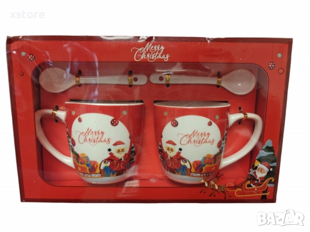 Комплект от 2 керамични чаши с лъжица, коледна тематика, опаковани в подходяща кутия