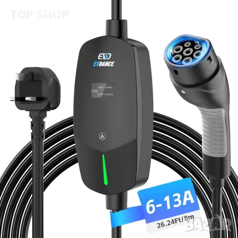 EVDANCE EV зарядно тип 2, 8 метра, 6/8/10/13A, регулируем ток, IP66