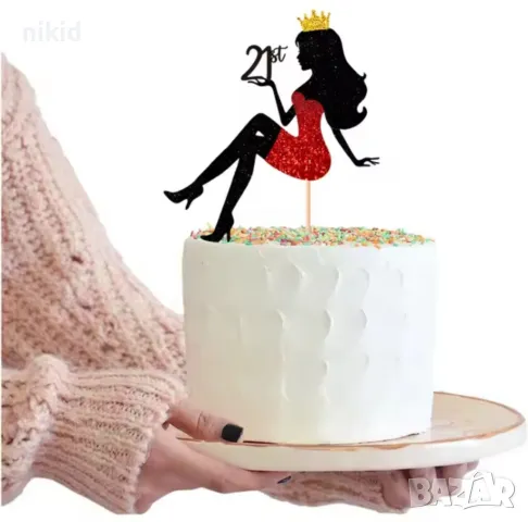 Жена Момиче Дама Лейди с корона и години картонен брокатен топер украса декорация за торта Парти , снимка 2 - Други - 49544209