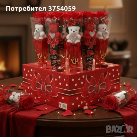 Романтичен букет с мече и червени рози