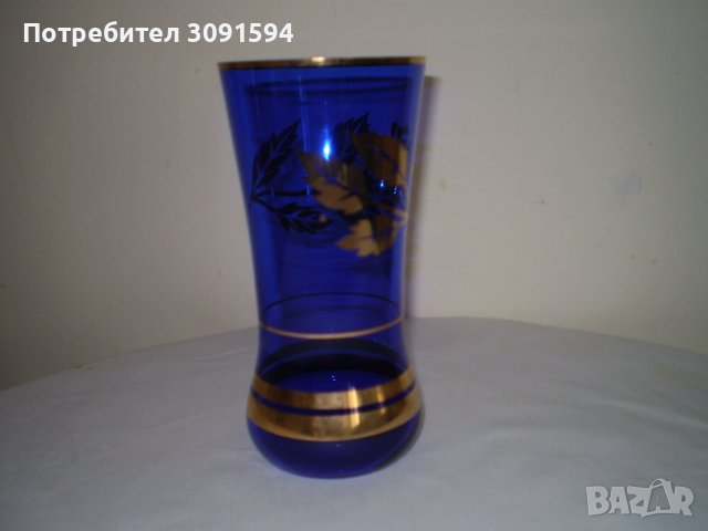 Ретро синя стъклена ваза с златни орнаменти, снимка 6 - Други ценни предмети - 41408508