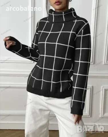 Дамски контрастен кариран пуловер с висока яка, 4цвята , снимка 15 - Блузи с дълъг ръкав и пуловери - 47979369