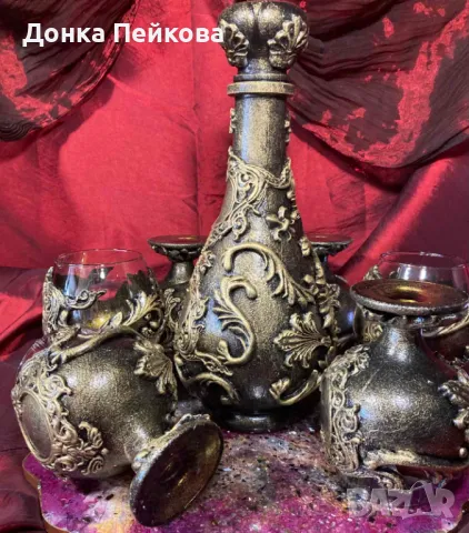 Ръчно изработен сервиз за коняк в старинно злато от 7 части, снимка 5 - Декорация за дома - 48657367