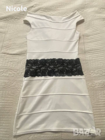 Дамска бяла рокля с черна панделка, снимка 3 - Рокли - 50866286