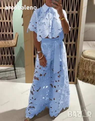 Дамски едноцветен секси комплект с широки крачоли от две части, 5цвята , снимка 9 - Комплекти - 48326901