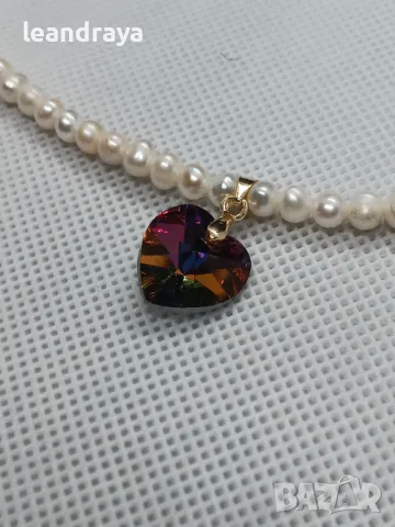 Колие перли и сърце Сваровски, снимка 3 - Колиета, медальони, синджири - 49020842