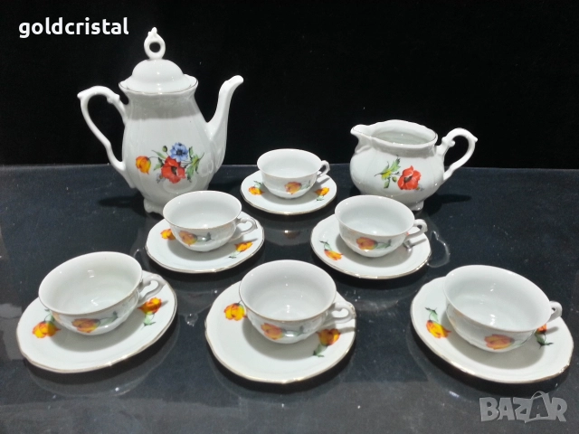 Стар български порцелан чаши за кафе чайник латиера , снимка 2 - Антикварни и старинни предмети - 52880480