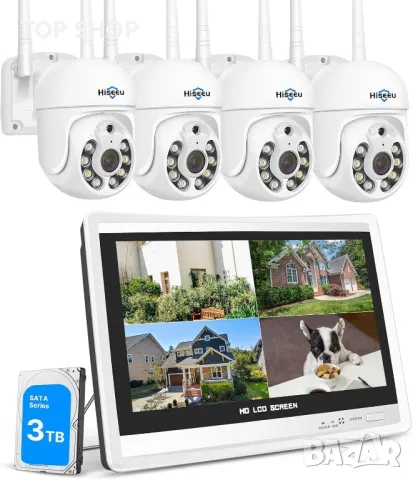 Hiseeu 5MP безжична PTZ система охранителни камери с 12" монитор