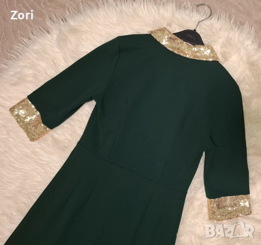Зелена рокля с акценти от златисти пайети, снимка 7 - Рокли - 52598787