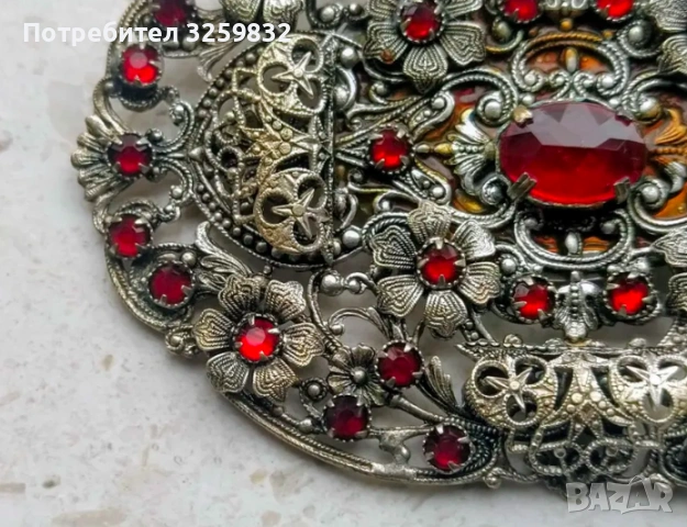 Антична чешка филигранна брошка с червени камъни - 1920-1930s, снимка 2 - Антикварни и старинни предмети - 53589516