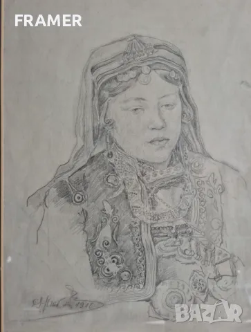 С.Марков 1910 Българка с носия пафти прочелник и трепка прецизна рисунка с молив, снимка 2 - Картини - 50296396