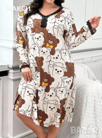 Макси еластична прекрасна дълга нощница с дантелени кантове във весел десен с мечета