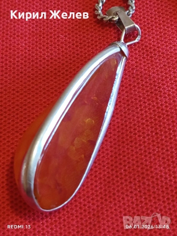 Сребърен ланец плетка тип КОРАБНО ВЪЖЕ и висулка с КЕХЛИБАР ювелирна изработка 47258, снимка 7 - Колиета, медальони, синджири - 53005809