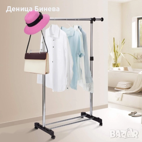 Сгъваема стойка за дрехи от неръждаема стомана, еднополюсна с колелца за дома