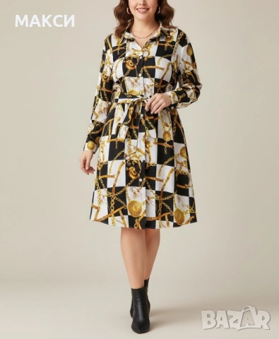 Макси стилна ефирна рокля/дълга туника - тип риза със свалящо се коланче в модерен десен