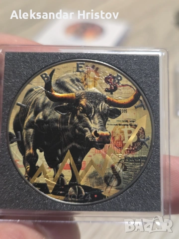 Това е колекционерска монета American Silver Eagle "Hossa Bull Market" от 2024 г.