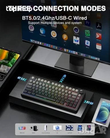 Чисто нова безжична механична клавиатура AULA F75 Pro (RGB / Hot-Swap / 75%)  , снимка 3 - Клавиатури и мишки - 55829304