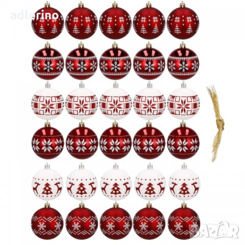 Топка за елха, Коледна декорация, пластмаса, 30 броя, 5 см, червено-бяло, зимни мотиви, снимка 2 - Декорация за дома - 34463692