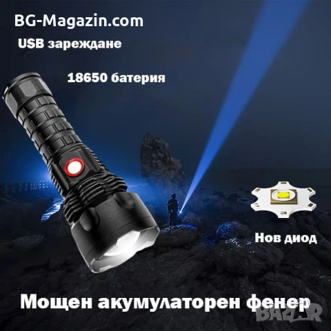 Мощен ръчен фенер LED прожектор тактически за лов риболов къмпинг туризъм палатка работа аварии