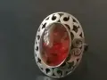 Стар, масивен, сребърен пръстен с кехлибар., снимка 1